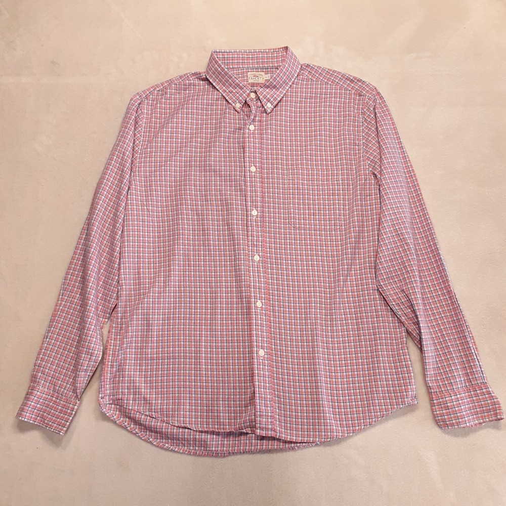 Faherty Mens LS Lightweight Cotton Button Down Shirt XL Coral Blue Madras Plaid